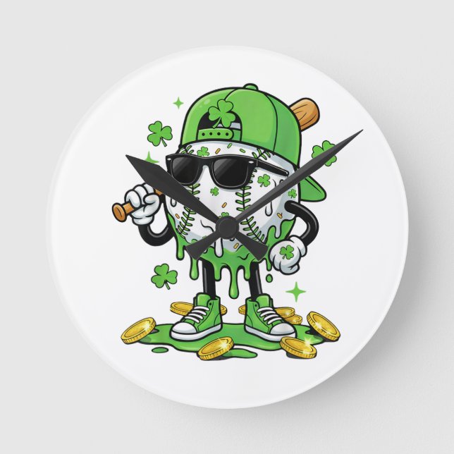 Baseball Drip Ice Cream St Patricks Day Round Clock (Front)