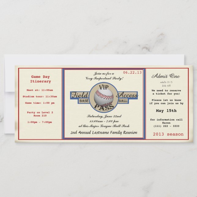 Baseball Family Reunion Pass Invitation (Front)