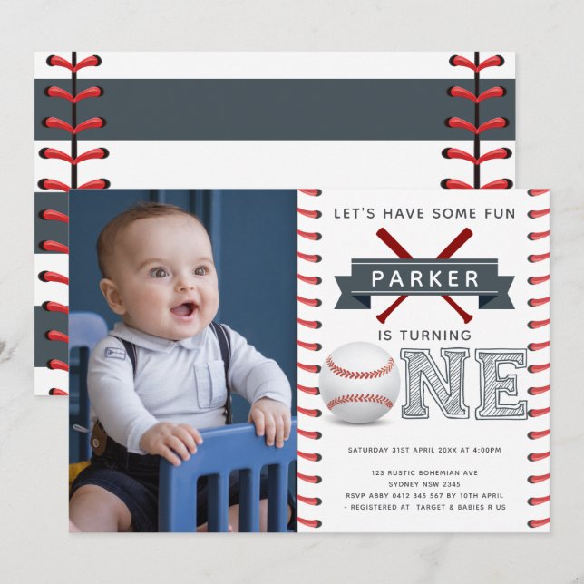 Baseball First Birthday Boy Photo Invitation (Front/Back)