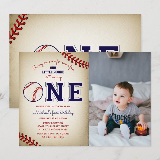 Baseball First Birthday Photo Invitation (Front/Back)
