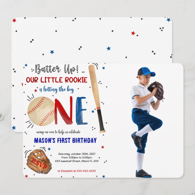 Baseball First Birthday Photo Invitation (Front/Back)