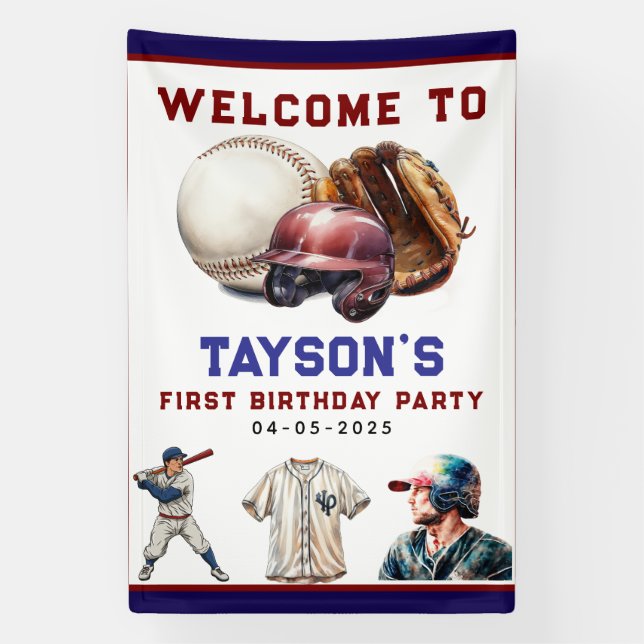 Baseball First Year Down 1st Birthday Banner (Vertical)