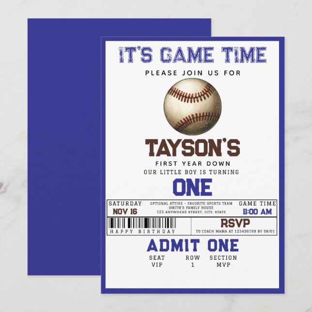 baseball First Year Down 1st Birthday Invitation (Front/Back)