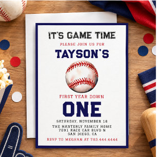 Baseball First Year Down 1st Birthday Invitation