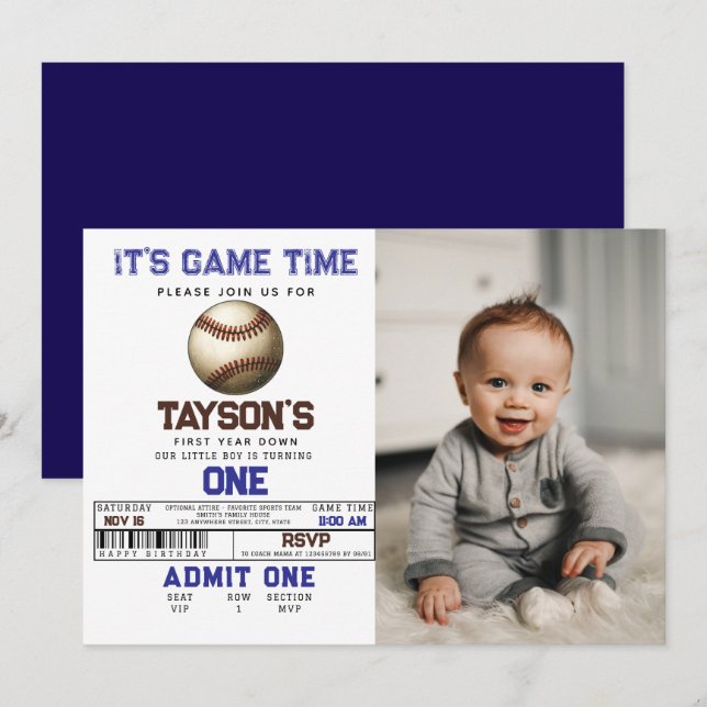 Baseball First Year Down 1st Birthday photo Invitation (Front/Back)