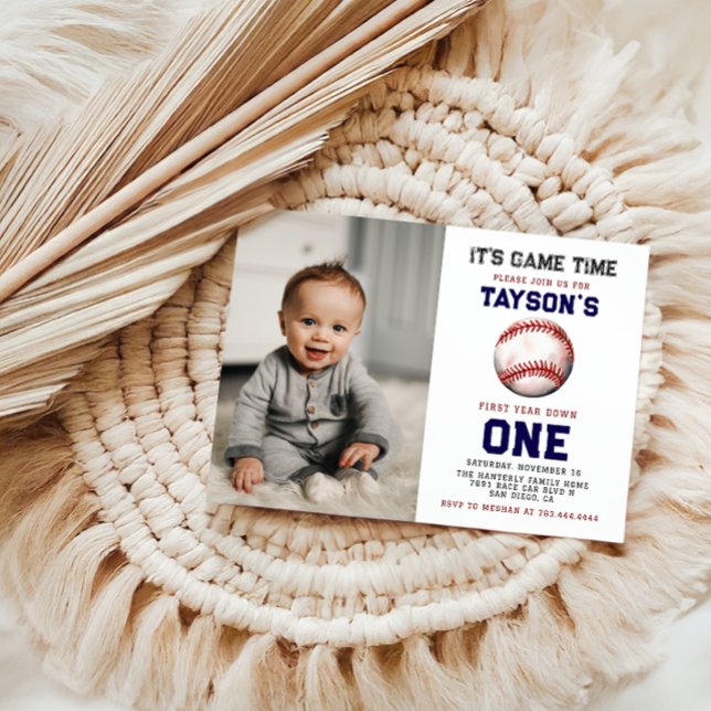 Baseball First Year Down 1st Birthday photo Invitation (Creator Uploaded)