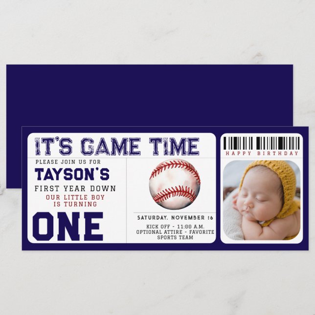 Baseball First Year Down 1st Birthday Ticket  Invitation (Front/Back)