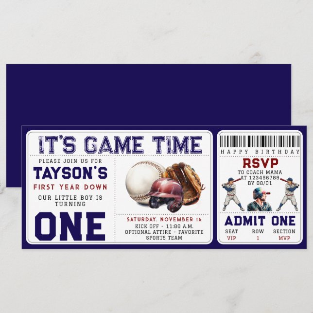 Baseball First Year Down 1st Birthday Ticket Invitation (Front/Back)