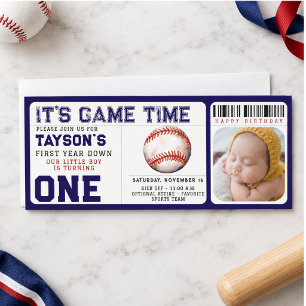 Baseball First Year Down 1st Birthday Ticket Invitation