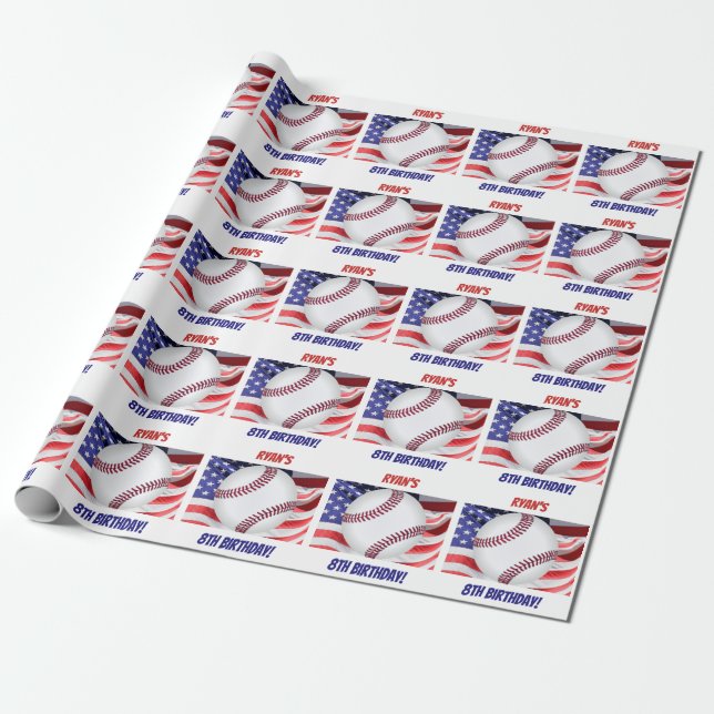 Baseball Flag Boy Birthday Name Red White Blue Wrapping Paper (Unrolled)