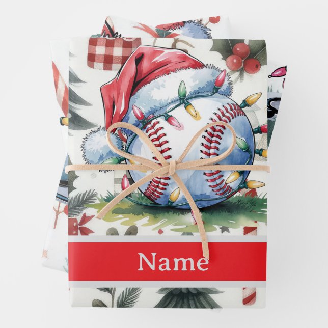 Baseball for Christmas themed Wrapping Paper Sheet (In situ)