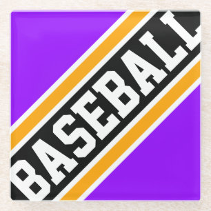BASEBALL Fun Bright Purple Black Racing Stripes Glass Coaster