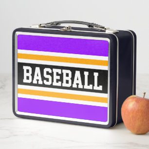 BASEBALL Fun Bright Purple Orange Black Stripes Metal Lunch Box