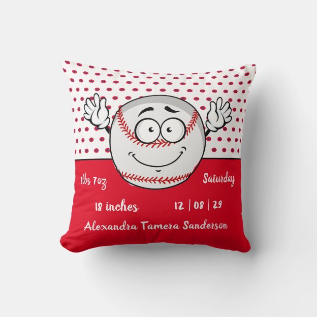 Baseball funny face birth stats Red White  Cushion (Front)