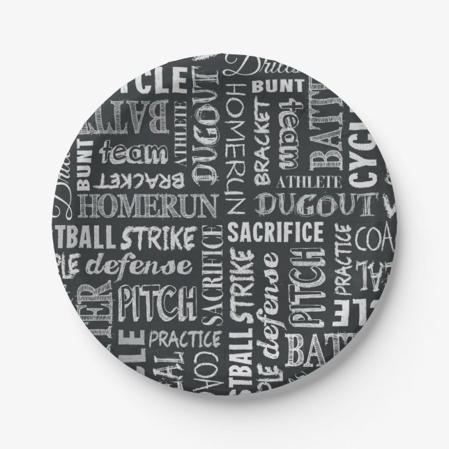 Baseball Game Chalkboard Words And Terms Paper Plate (Front)