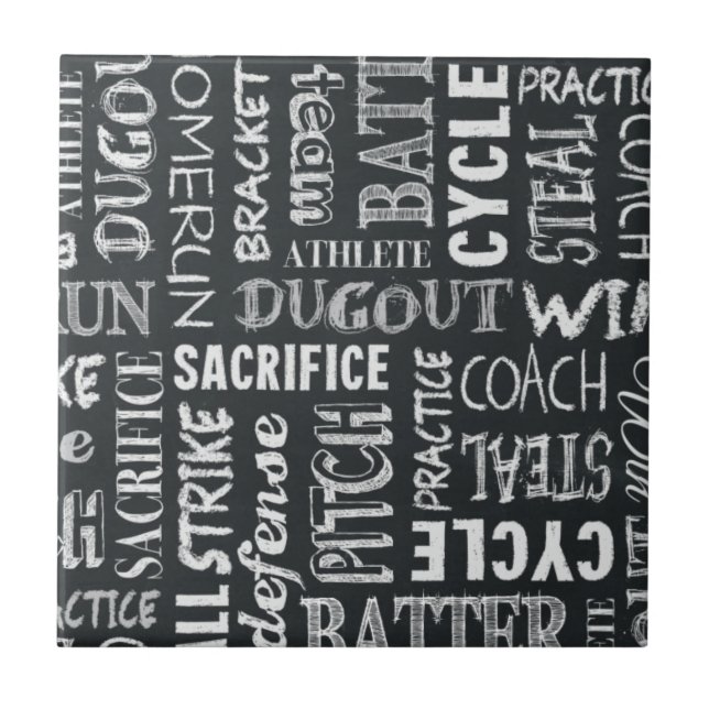 Baseball Game Chalkboard Words Tile (Front)