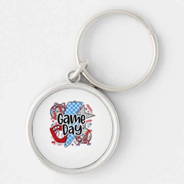 Baseball Game Day Retro Tis The Season Chequered Key Ring (Front)
