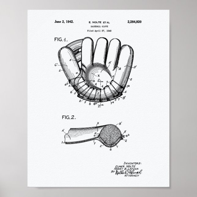 Baseball Glove 1942 Patent Art White Paper Poster (Front)