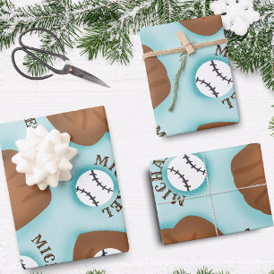Baseball Glove Ball & Boy Name Pattern Sport Theme Wrapping Paper Sheet