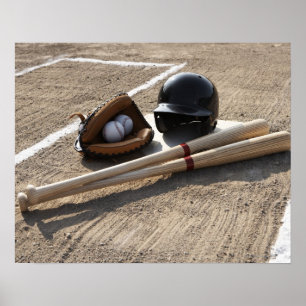Baseball glove, balls, bats and baseball helmet poster
