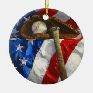 Baseball, glove, bat & American flag Ceramic Tree Decoration
