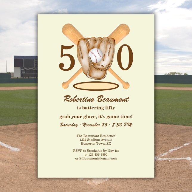 Baseball Glove Bats Themed Men's 50th Birthday Invitation (Creator Uploaded)