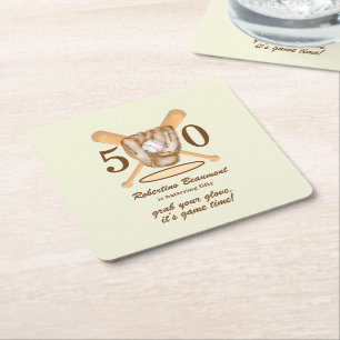 Baseball Glove Bats Themed Men's 50th Birthday Square Paper Coaster