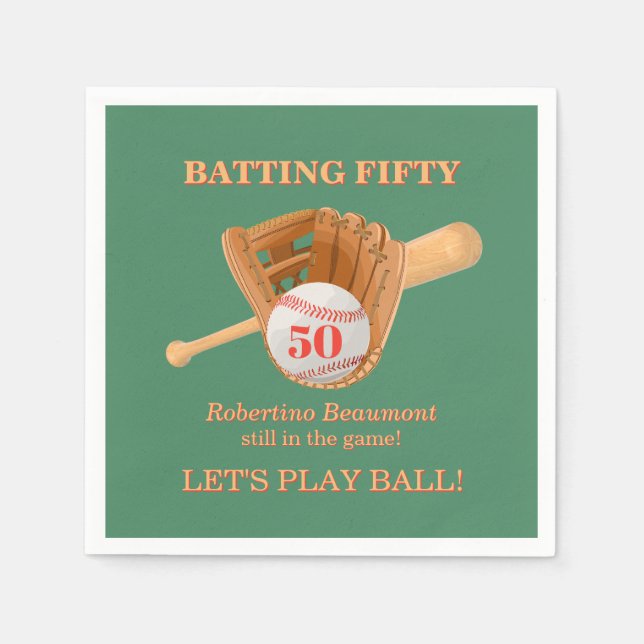 Baseball Glove Batting Fifty Men's 50th Birthday Napkin (Front)
