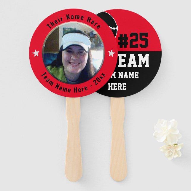 Baseball Go Team Spirit One Photo Red Hand Fan (Front and Back)