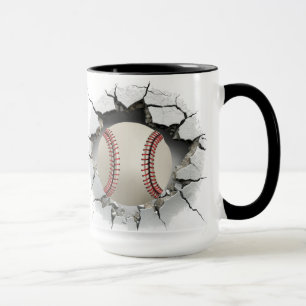 Baseball going through a hole in wall mug