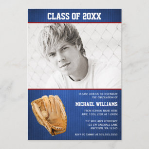 Baseball Graduation Blue Red Photo Invitation