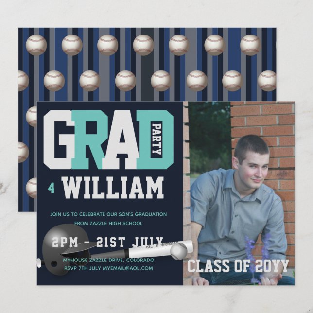 Baseball GRADUATION PHOTO invitation Blue (Front/Back)