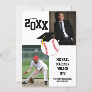 Baseball Graduation Sport Black and White Photo Invitation