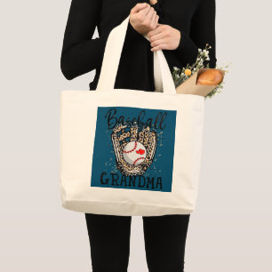 Baseball Grandma Leopard Game Day Baseball Lover Large Tote Bag