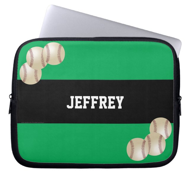Baseball Green & Black Name Computer Laptop Sleeve (Front)