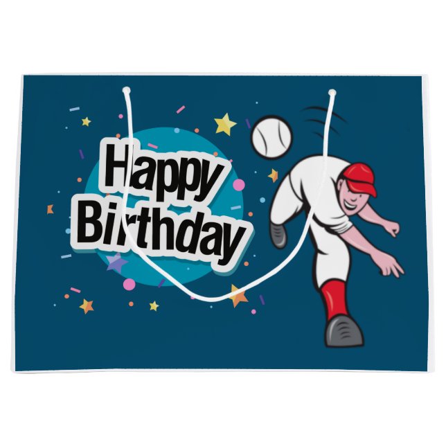 Baseball Happy Birthday  player throw ball  Large Gift Bag (Front)