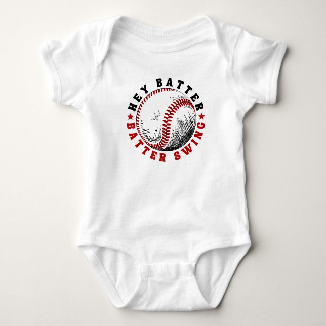 Baseball Hey Batter Swing Baby Bodysuit (Front)