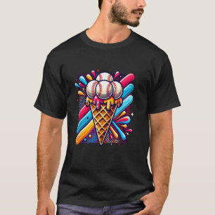 Baseball Ice Cream Cone Watercolor Art Sports Love T-Shirt