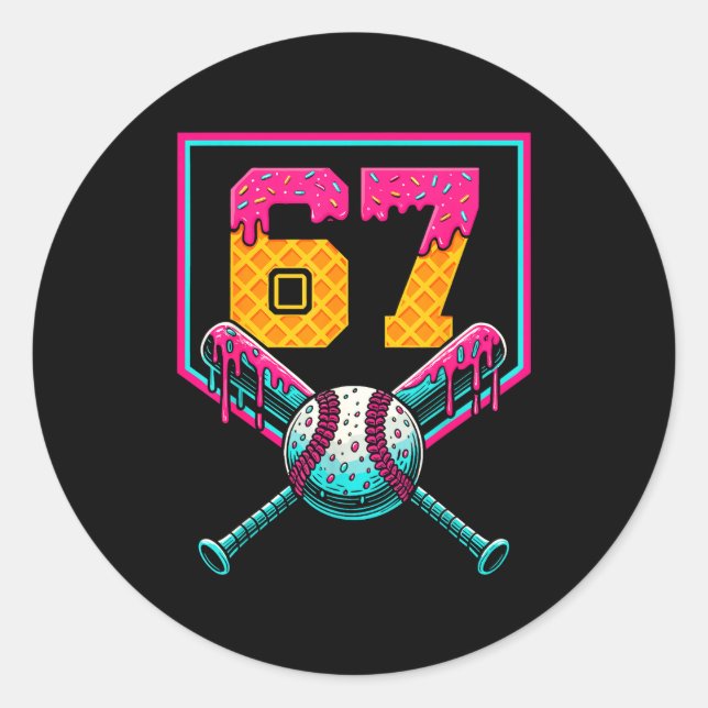Baseball Ice Cream Drip Number 67 Player 67th Birt Classic Round Sticker (Front)