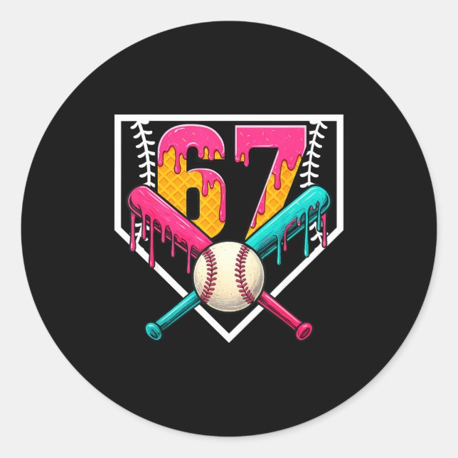 Baseball Ice Cream Drip Number 67 Player 67th Birt Classic Round Sticker (Front)
