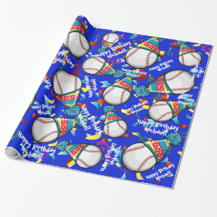 Baseball In a Party Hat   Customised Birthday Wrapping Paper