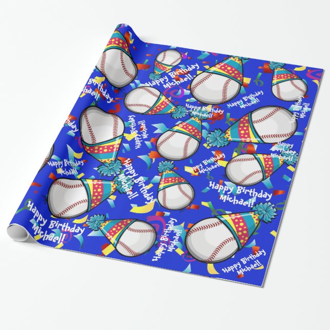Baseball In a Party Hat | Customised Birthday Wrapping Paper (Unrolled)