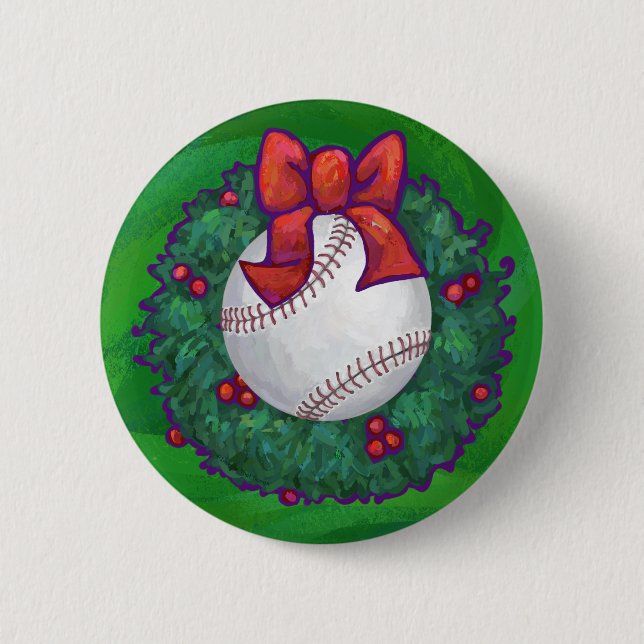Baseball in Christmas Wreath 6 Cm Round Badge (Front)
