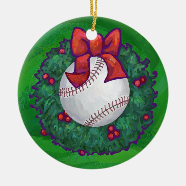 Baseball in Christmas Wreath Ceramic Tree Decoration (Front)