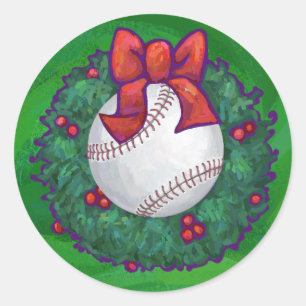 Baseball in Christmas Wreath Classic Round Sticker