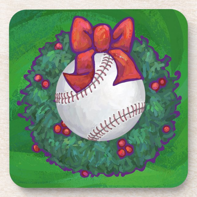 Baseball in Christmas Wreath Coaster (Front)