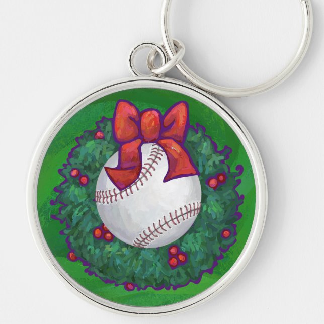 Baseball in Christmas Wreath Key Ring (Front)