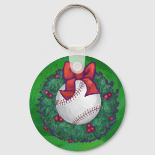 Baseball in Christmas Wreath Key Ring