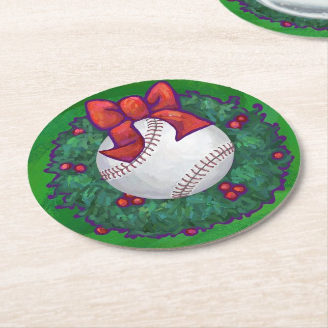 Baseball in Christmas Wreath Round Paper Coaster (Angled)