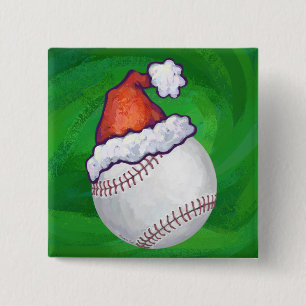 Baseball in Santa Hat on Green 15 Cm Square Badge